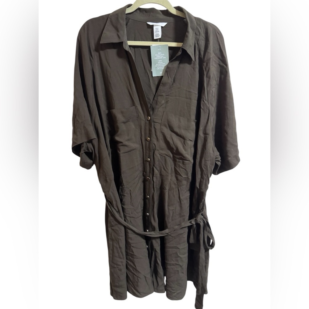 H&M Brown Viscose Belted Shirt Dress XXL NWT Sustainable Circulose